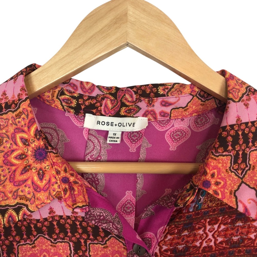 Rose + Olive Tunic Top Size 1X Button Up Floral Paisley‎ Print Shirt Boho Artsy - Picture 5 of 8